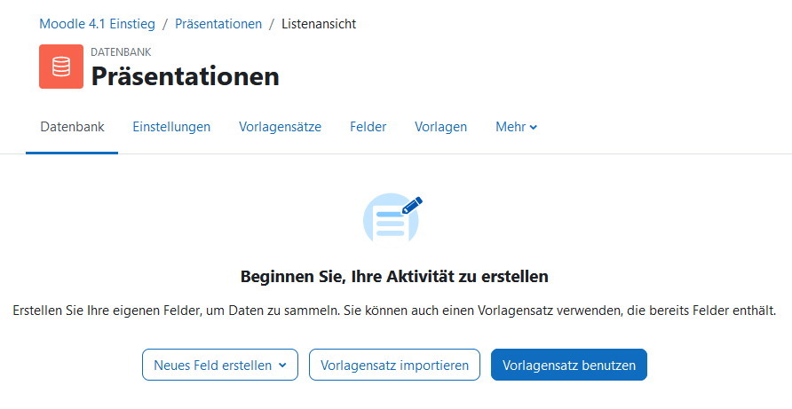 Screenshot der Datenbank Einrichtung 