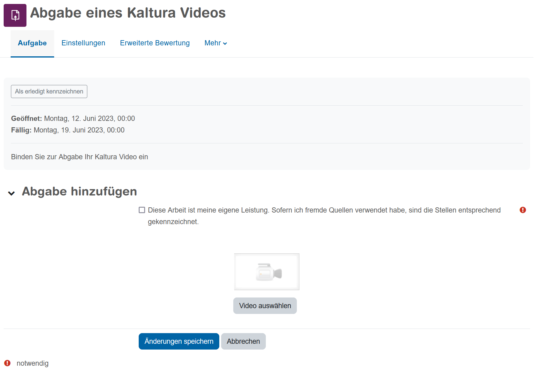 Screenshot des Abgabe Dialogs mit der Auswahl um Kaltura Videos einbinden zu können - Link zu Kaltura