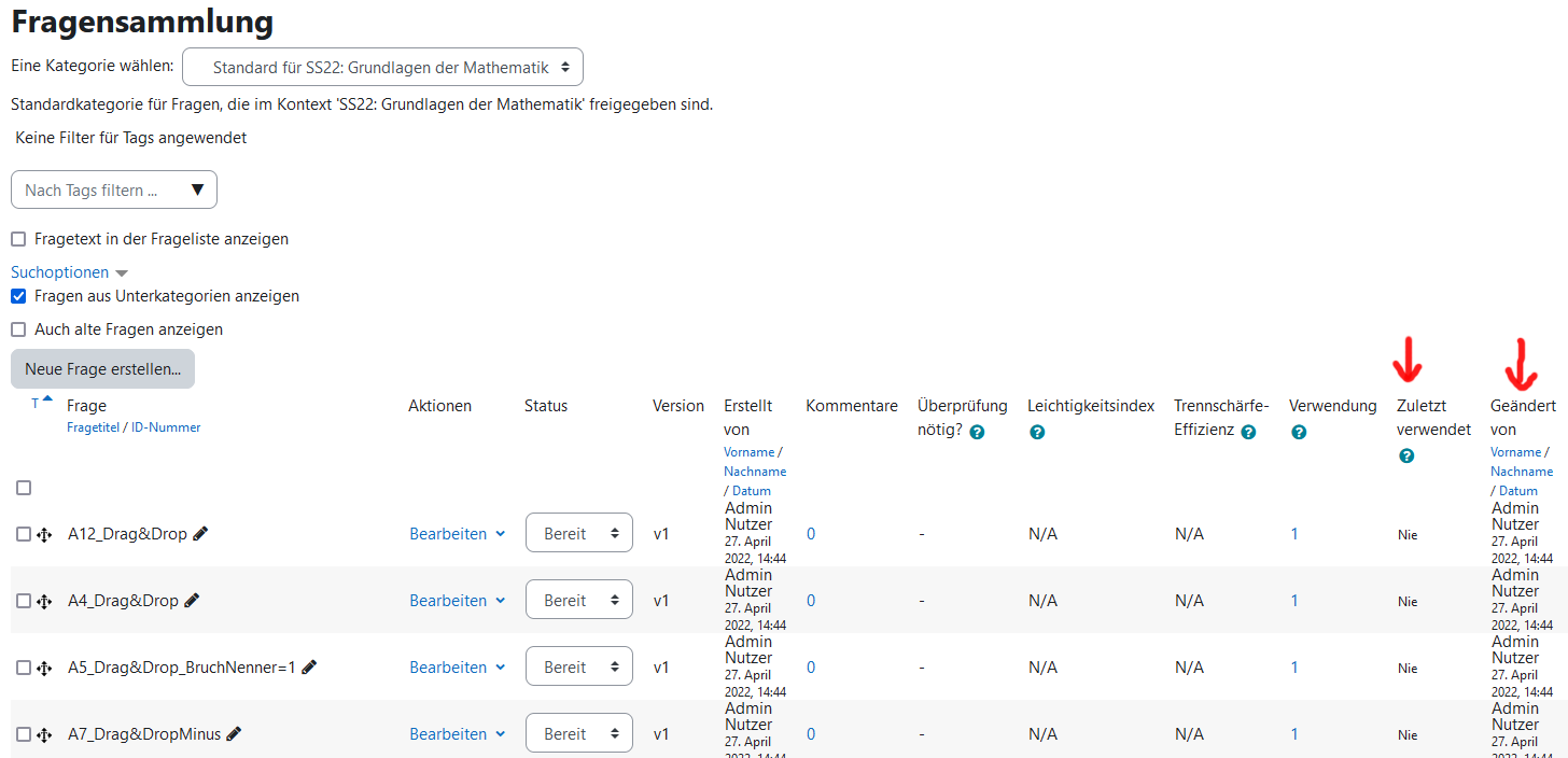 screenshot der Fragensammlung mit den beiden neuen Spalten auf der rechten Seite der Tabelle