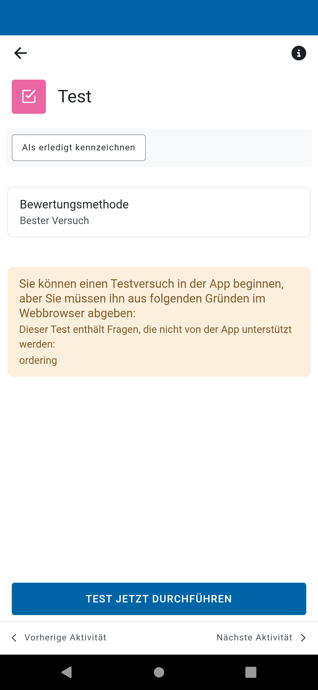 Screenshot Moodle App vor dem Öffnen eines Tests.