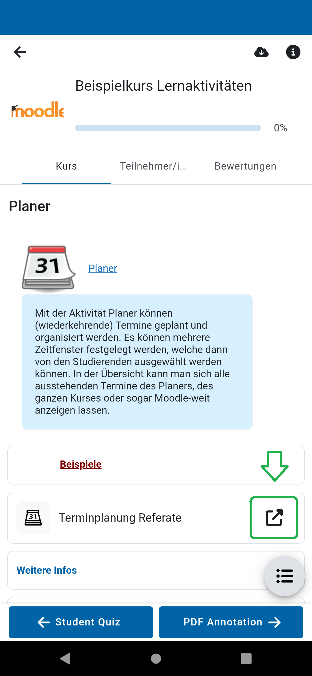 Screenshot in der Kursansicht mit einer nicht unterstützten Aktivität, welche einen Link in den Browser anzeigt.