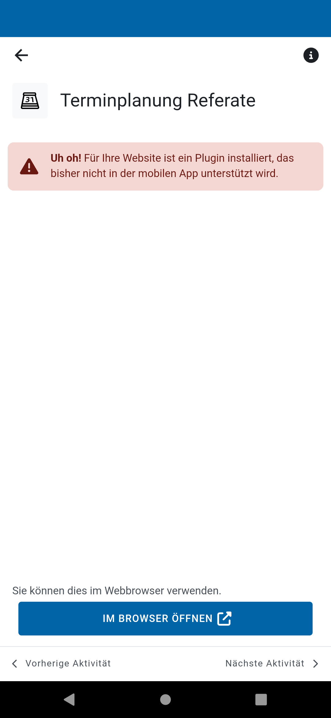 Screenshot einer nicht unterstützten Aktivität (Planer) mit Link in den Browser.