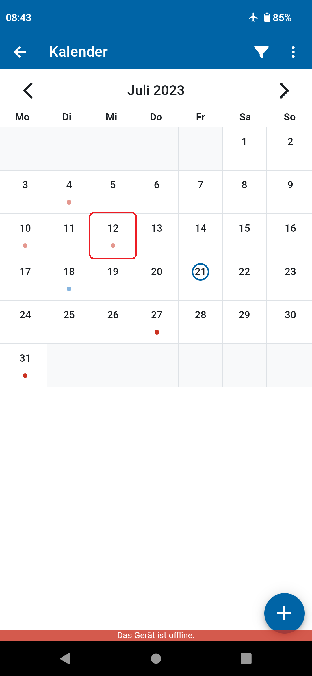 Screenshot der Monatsansicht vom Juli 2023 im Kalender im Offline-Modus. Der 12. Juli wird ein Termin als Punkt angezeigt.
