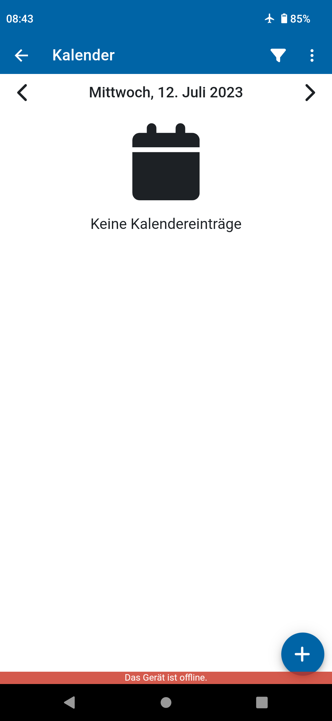 Screenshot der Tagesansicht vom 12. Juli 2023 im Kalender im Offline-Modus. Keine Termine ersichtlich.