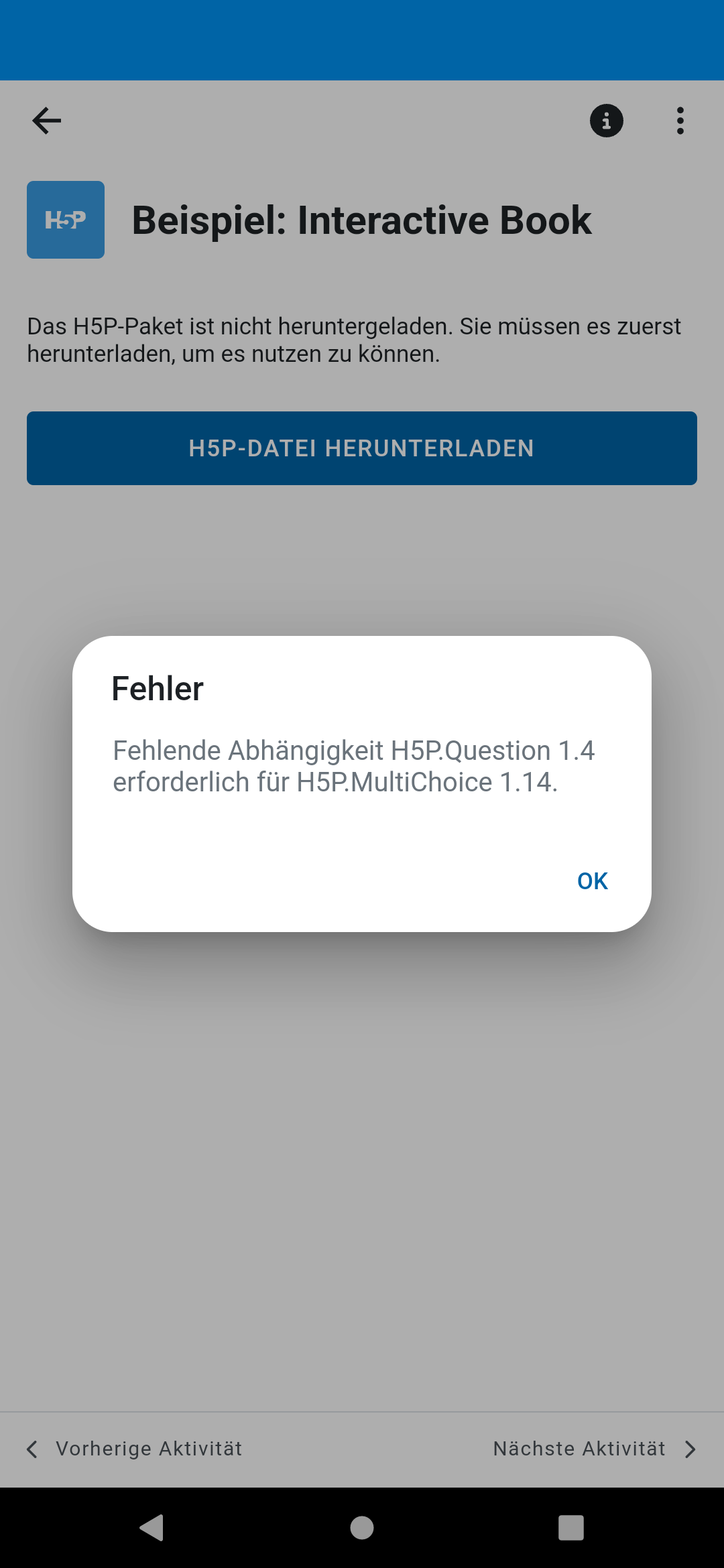 Screenshot einer Fehlermeldung bezüglich fehlender Abhängigkeiten in der H5P-Aktivität Interactive Book.