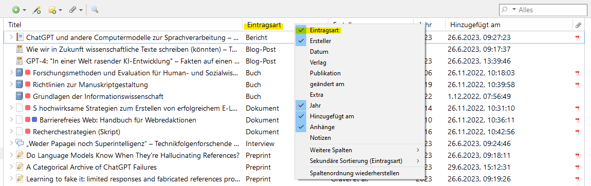 Spalte "Eintragsart" in Ansicht der Einträge hinzufügen