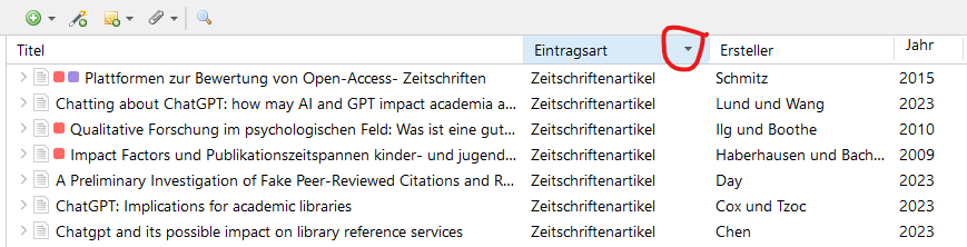 Liste der Einträge nach "Eintragsart" sortieren