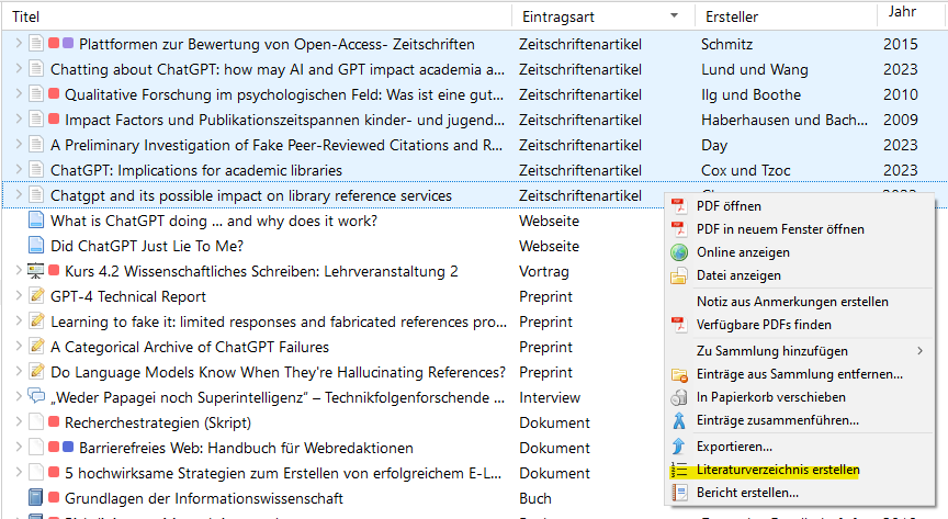 Zeitschriftenartikel mittels 'Rechtsklick > Literaturverzeichnis erstellen' zitieren