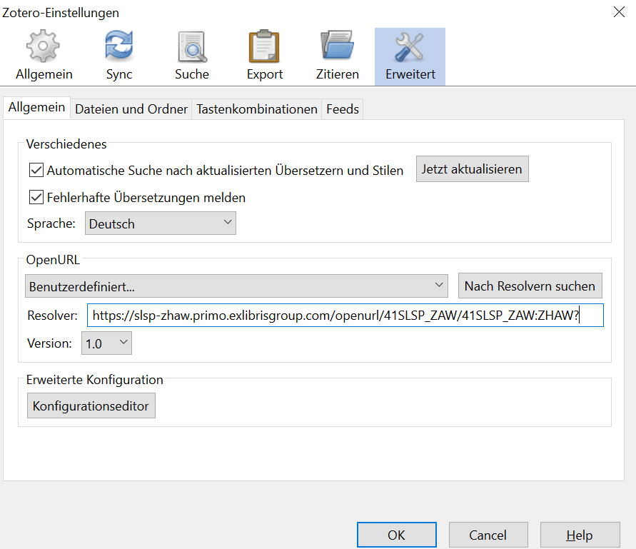 OpenURL in den Einstellungen