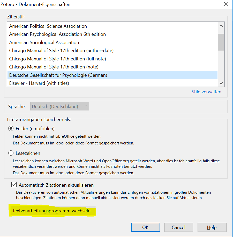 Wechseln Textverarbeitungsprogramm