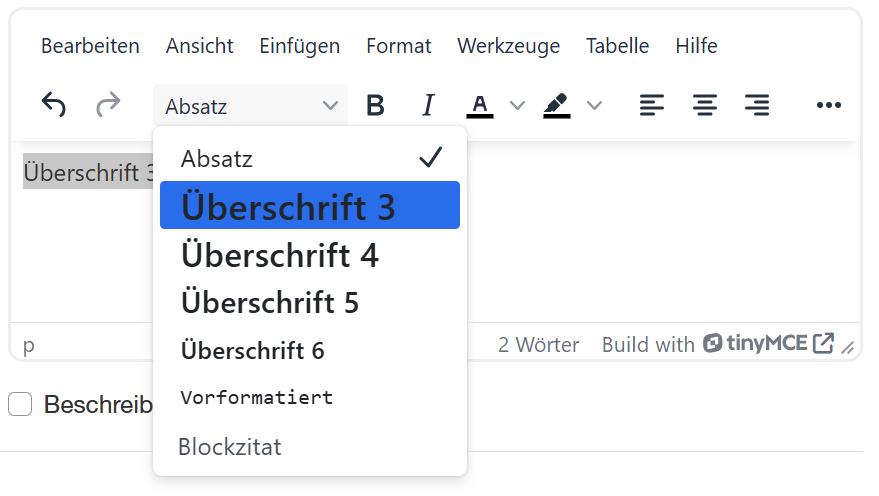 TinyMCE mit Auswahlmenü Überschrift