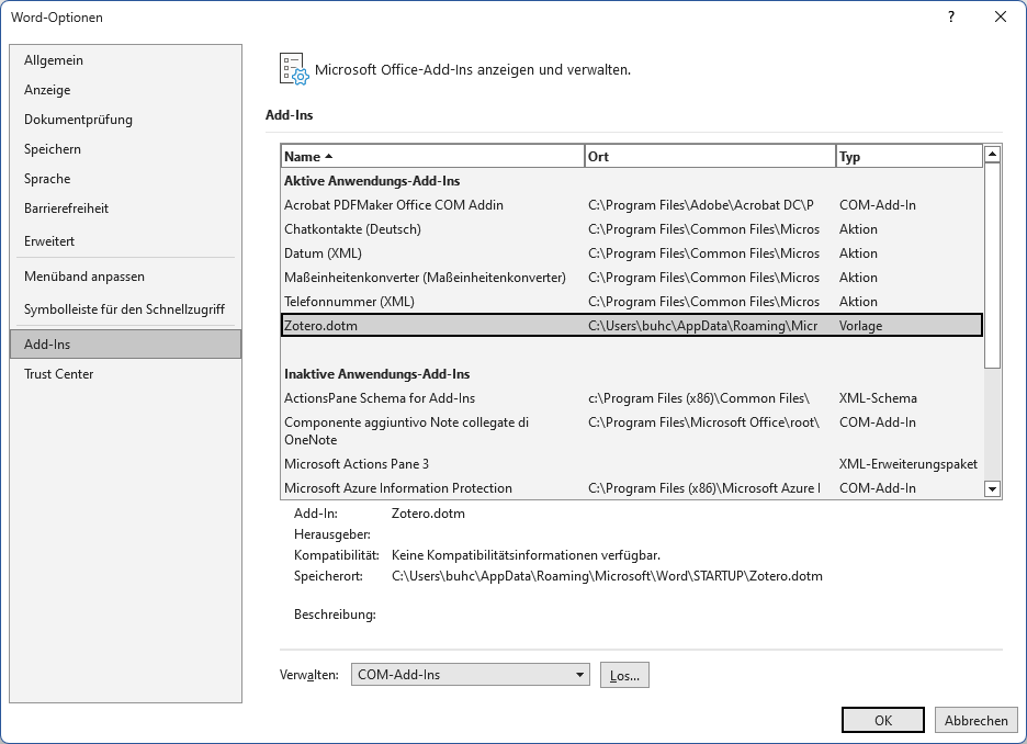 Add-ins Optionen in Word finden