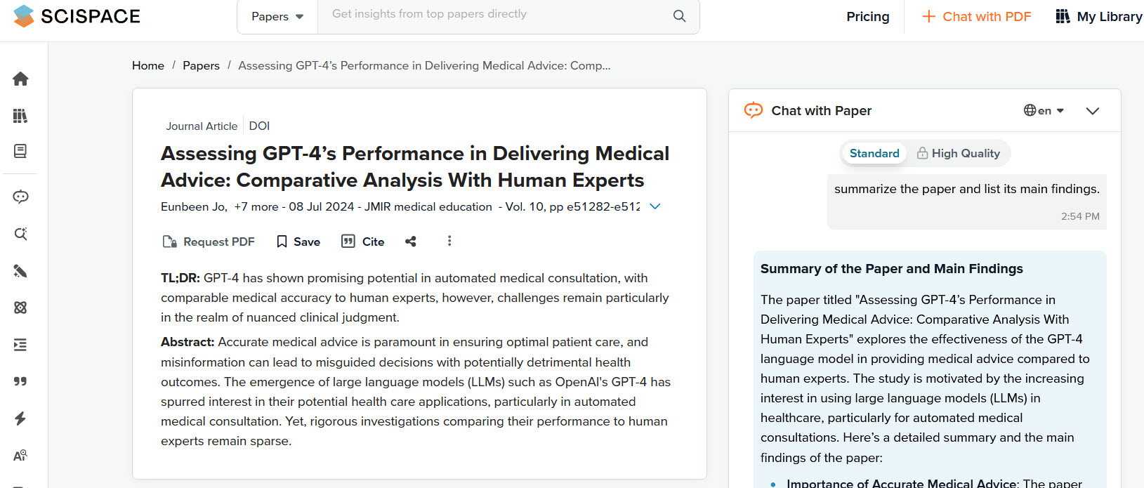 Screenshot von Scispace mit Funktion "Chat with Paper"