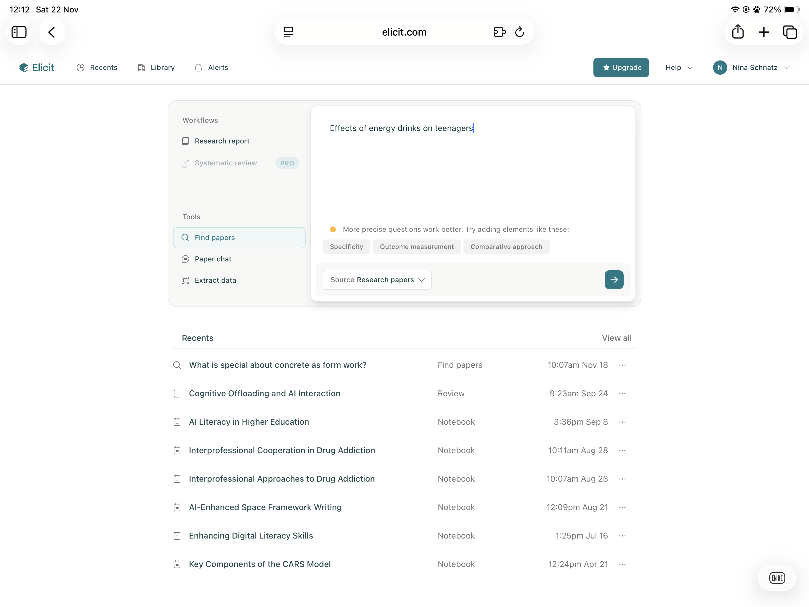 Elicit Startfenster - Find Papers auswählen