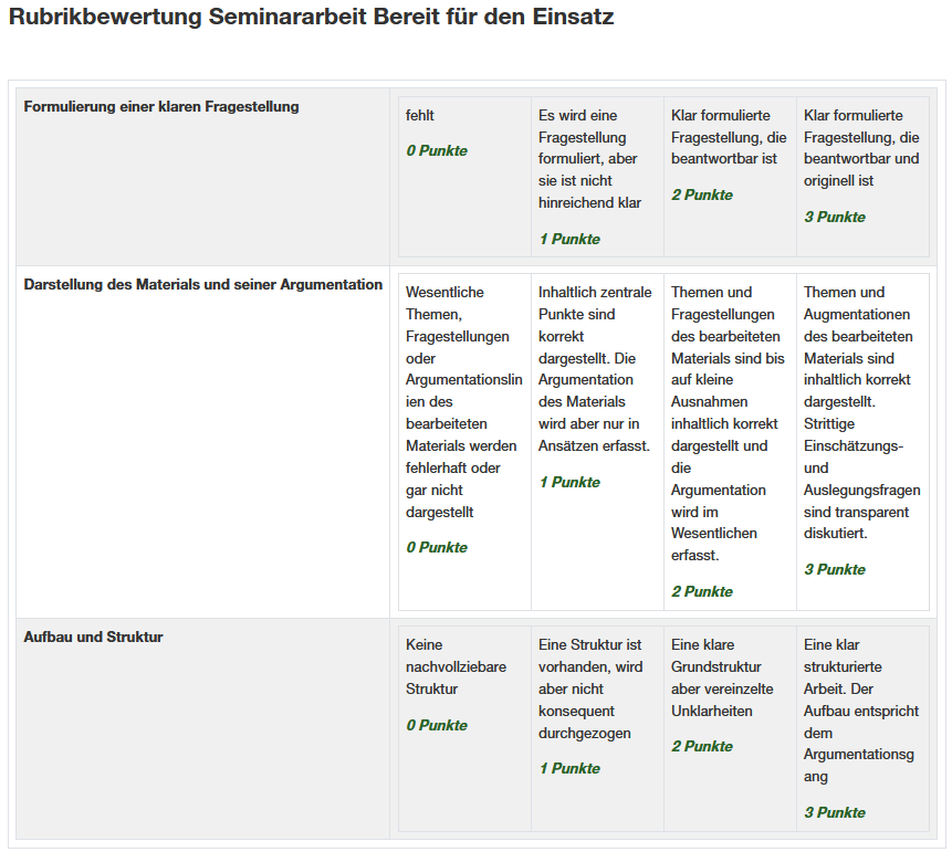Beispiel eines Bewertungsrasters mit Rubrikbewertung