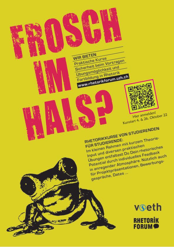 Flyer mit Titel "Frosch im Hals". Wir bieten praktische Rhetorikkurse!
