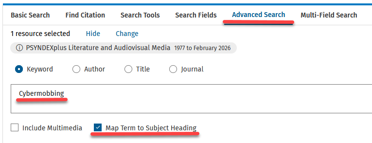 PSYNDEXplus - Advanced Search - Enter Keyword - Map Term to Subject Heading