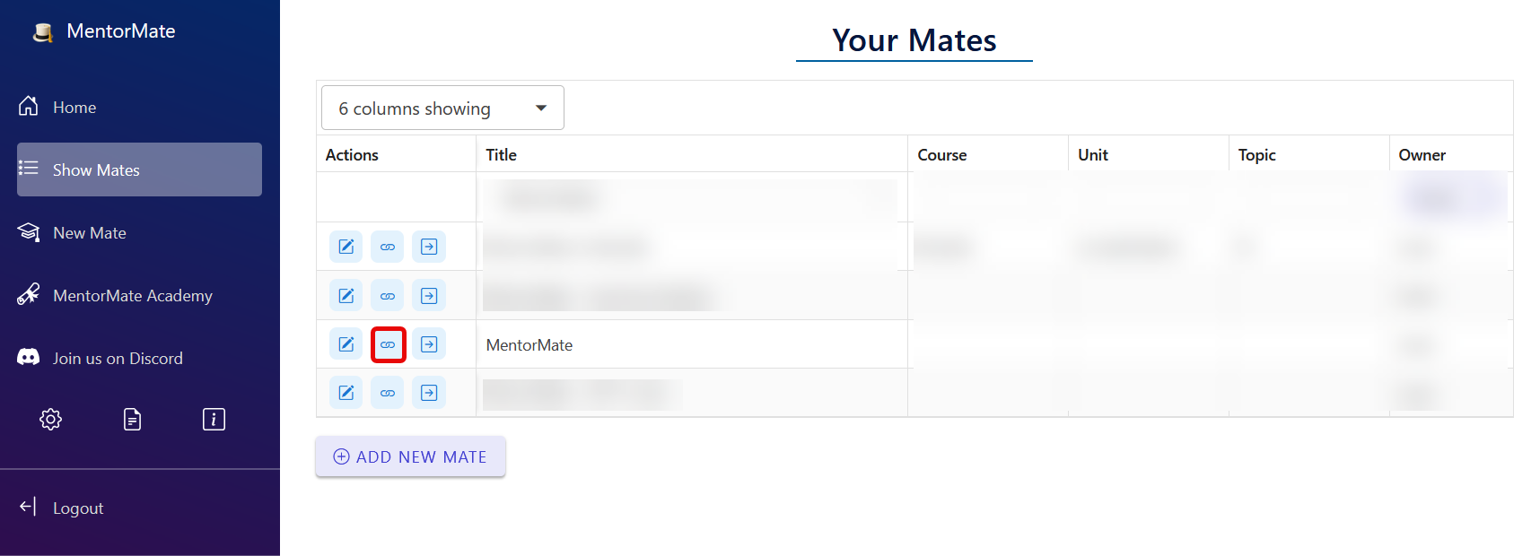 Seite "Your Mates" in MentorMate. Der Button zum Kopieren der Mate-URL ist hervorgehoben.