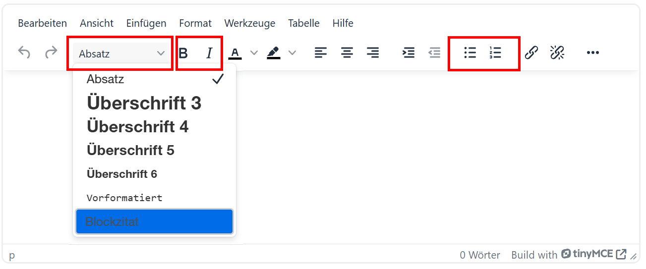 TinyMCE mit geöffnetem Absatzformat-Menü und hervorgehobenen Funktionen für Überschriften, Fett- und Kursivformatierung sowie Aufzählungen und nummerierte Listen.